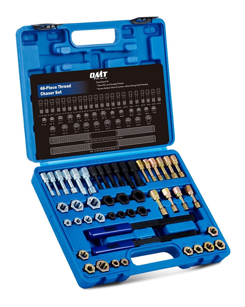 Orion Motor Tech 48 Piece Thread Chaser Set  Metric and SAE Thread Repair Kit with 22 Taps 24 Dies 2 Thread Files  Universal Rethreading Kit Thread Restorer Tool Set in UNC UNF Metric Sizes with Case - Image 1
